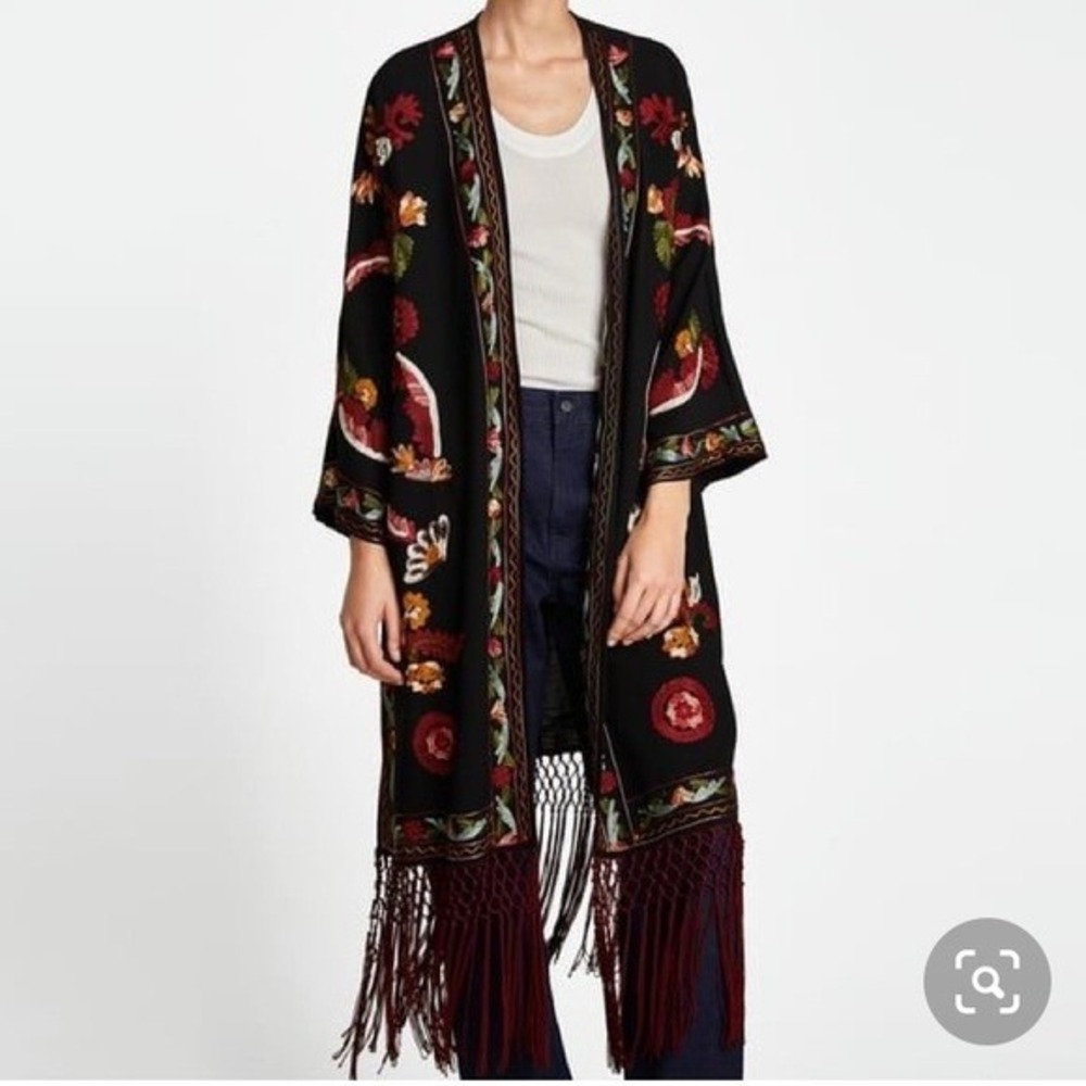 Zara Womens Black Embroidered Kimono Duster Cardigan Fringe Boho Festival M L‎